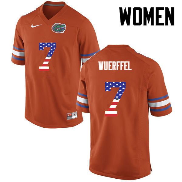 Women Florida Gators #7 Danny Wuerffel College Football USA Flag Fashion Jerseys-Orange - Click Image to Close